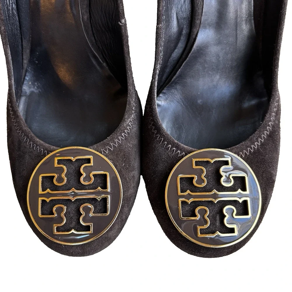 Tory Burch Brown Suede Pumps Wedge High Heels Round Logo Shoes Ladies US 9.5M
